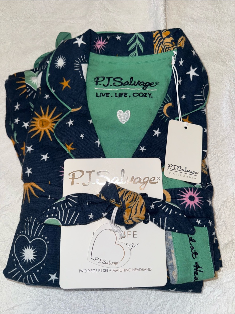 P.J. Salvage Navy Star & Sun Print Pajama Set - Green Trim